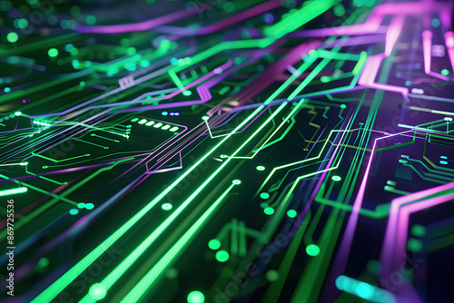 Microcircuit with green and purple lines photo