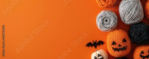 Halloween-themed crochet project on an orange background, Halloween, Creative and spooky yarn craft photo