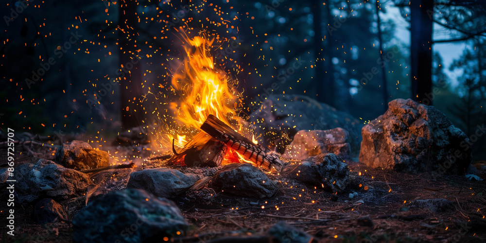 Rustic Campfire in Rocky Forest Clearing with Glowing Embers Rustic Campfire in Rocky Forest Clearing with Glowing Embers