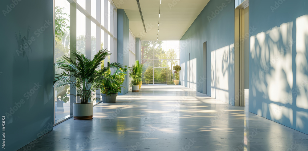 Fototapeta premium A large, empty hallway with a few potted plants and a window by AI generated image