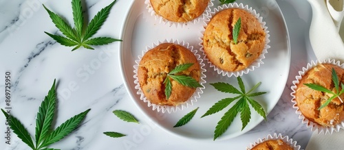 Top view of weed muffins with marijuana and cannabis leaves on a white plate on a table, providing ample copy space in the image. photo