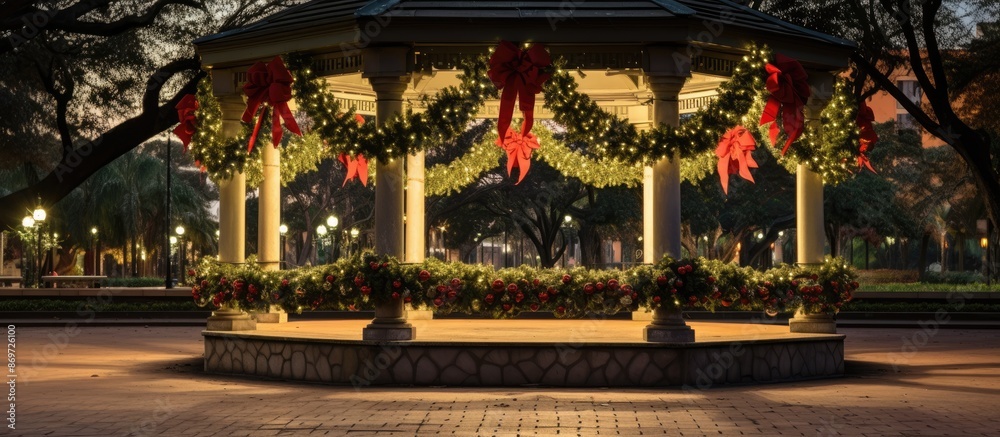 In Canela, Rio Grande do Sul, a festive Christmas wreath decorates a pergola in a public square, creating a charming scene for a copy space image. In Canela, Rio Grande do Sul, a festive Christmas wreath decorates a pergola in a public square, creating a charming scene for a copy space image.