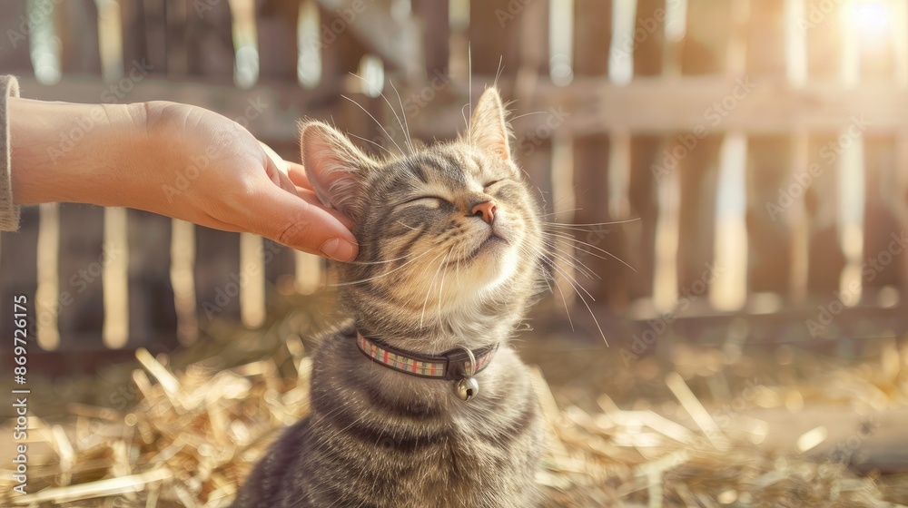 Obraz premium A person gently pets a tabby kitten that is resting in hay. The kitten is relaxed and has its eyes closed