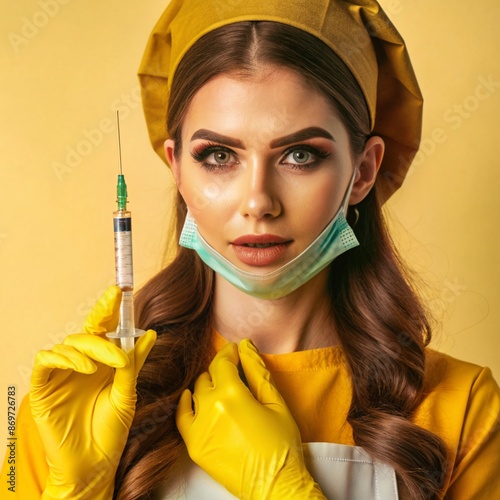 A nurse wearing an apron and hold on injection. face reaction thinking on a solid background. beautiful woman