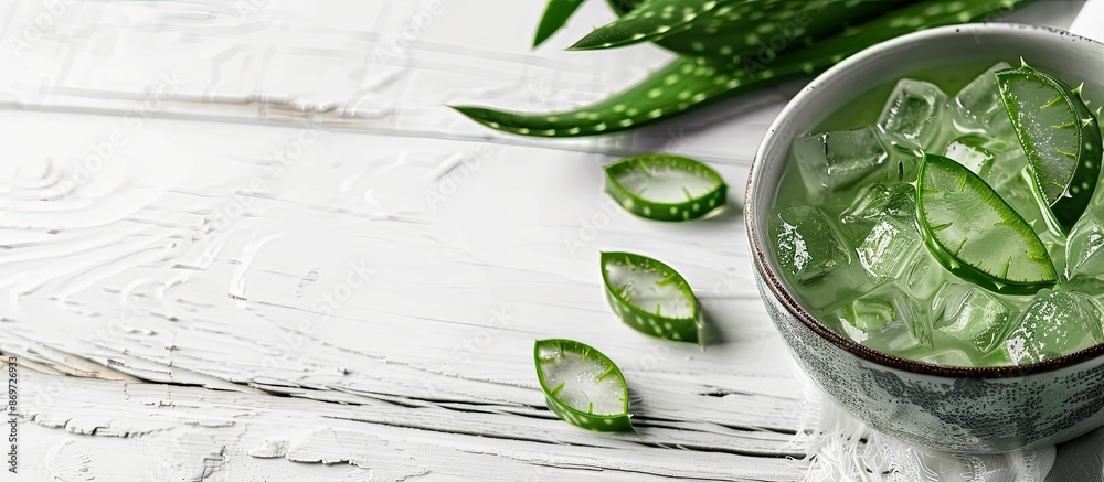 Obraz premium Close-up image of a white wooden table with a bowl of aloe vera gel and plant slices, leaving room for text in the photo.