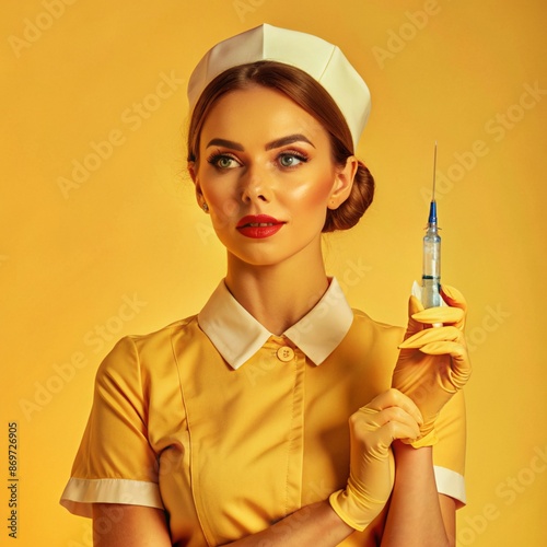 A nurse wearing an apron and hold on injection. face reaction thinking on a solid background. beautiful woman