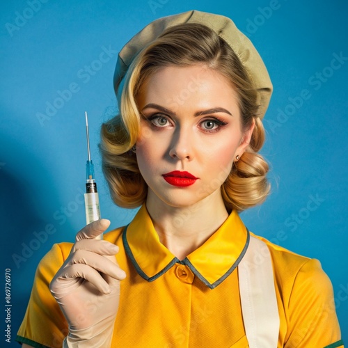 A nurse wearing an apron and hold on injection. face reaction thinking on a solid background. beautiful woman