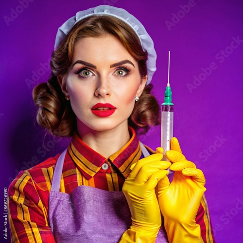 A nurse wearing an apron and hold on injection. face reaction thinking on a solid background. beautiful woman