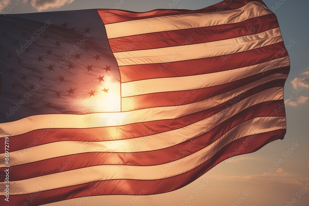 Concept of Memorial Day, American USA flag waving in sunset outdoor background Concept of Memorial Day, American USA flag waving in sunset outdoor background