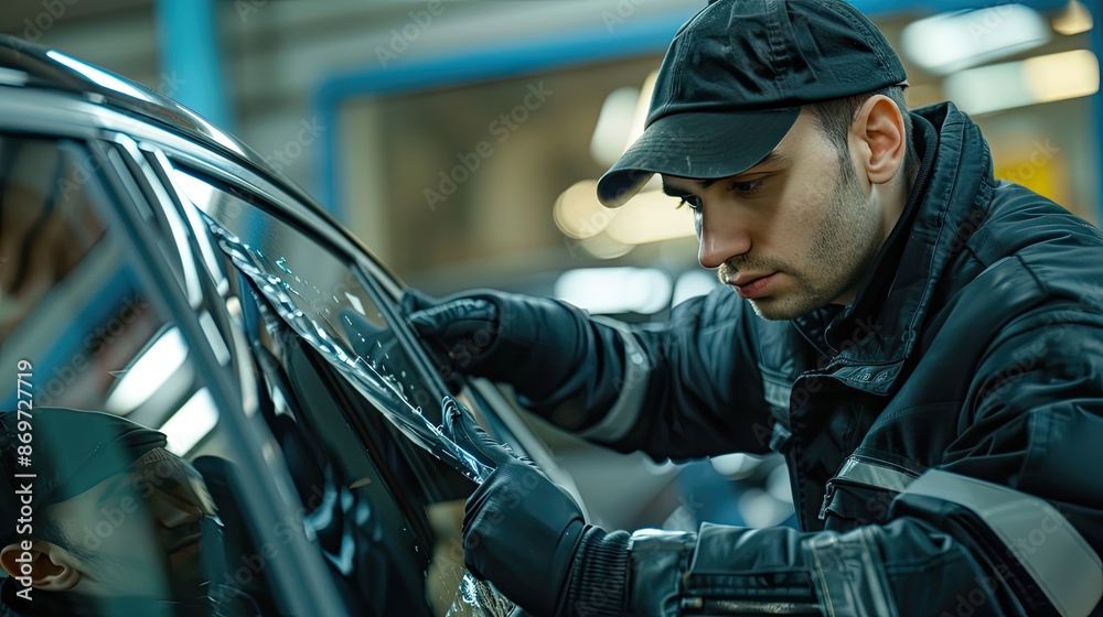 Obraz premium Technician installing film on car windows. car service shop background banner.