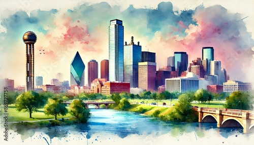 Watercolor painting of Dallas's iconic skyline, with modern skyscrapers, the Trinity River, and lush parks.