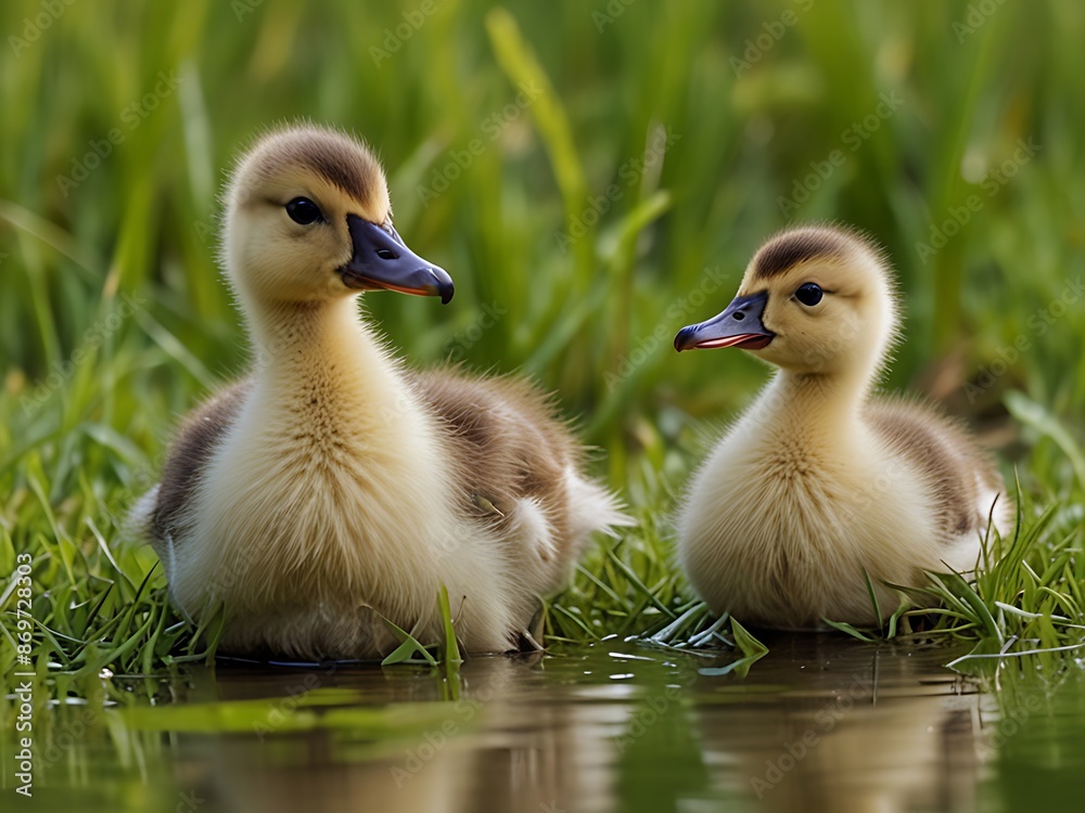 Cute little ducks in spring, playing together outdoors, running in the grass and puddles Cute little ducks in spring, playing together outdoors, running in the grass and puddles