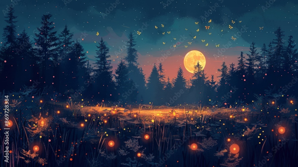Enchanting night forest with glowing fireflies and a full moon illuminating the woodland scenery. Perfect for nature and fantasy themes. Enchanting night forest with glowing fireflies and a full moon illuminating the woodland scenery. Perfect for nature and fantasy themes.
