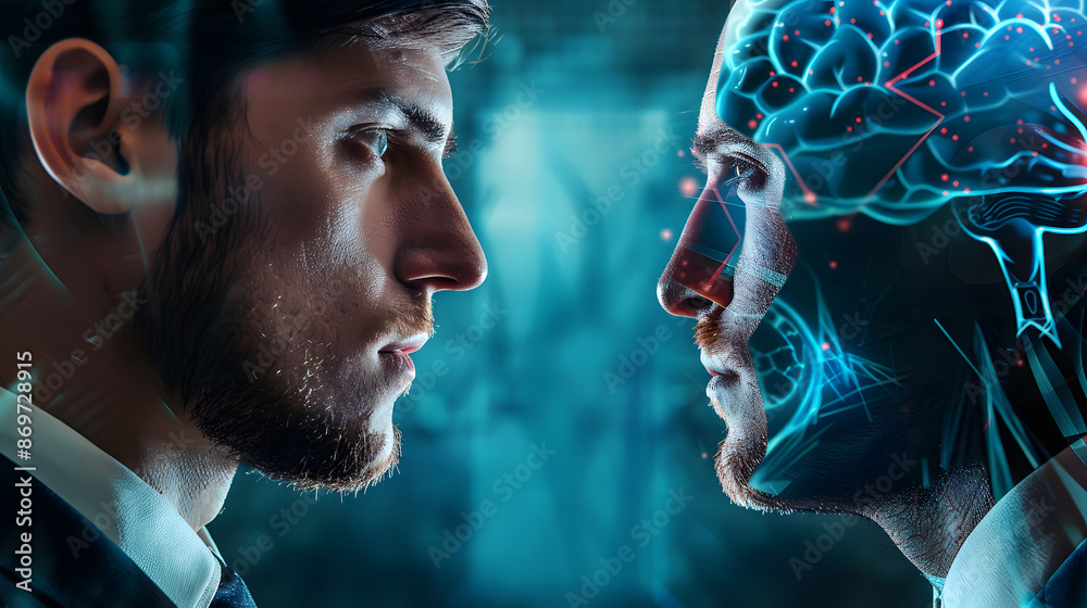 Human mind vs Artificial Intelligence digital mind. Businessman choose ...