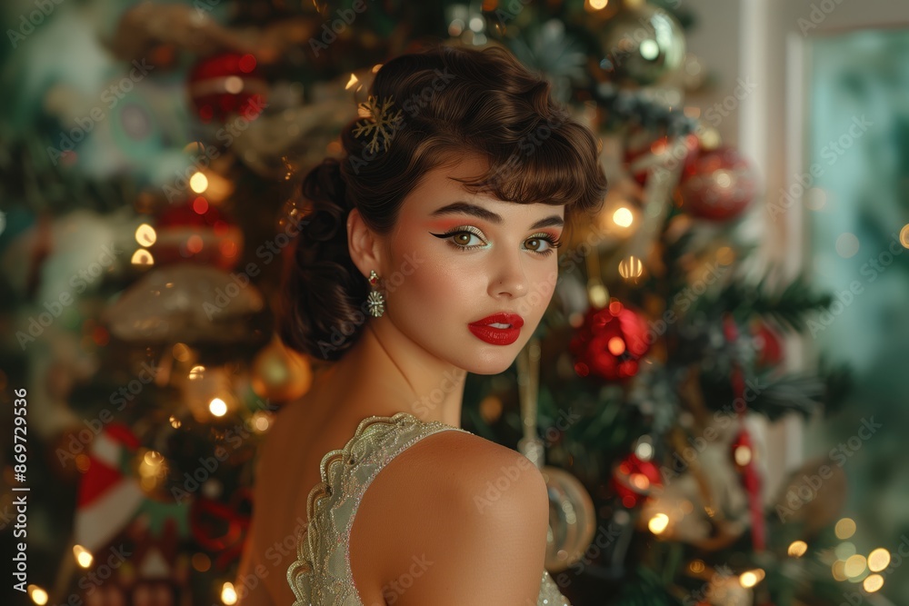 Woman in Christmas dress near the Christmas tree. Colorful makeup and retro hairstyle for Christmas or new year party. Beautiful pinup girl with Christmas pin-up makeup holding glass of champagne Woman in Christmas dress near the Christmas tree. Colorful makeup and retro hairstyle for Christmas or new year party. Beautiful pinup girl with Christmas pin-up makeup holding glass of champagne