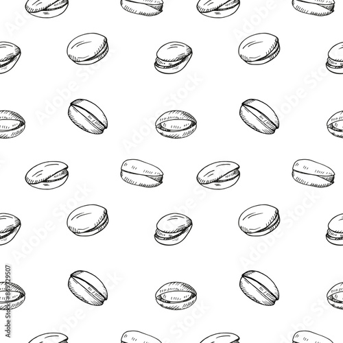 Pistachios nuts seamless pattern. Hand drawn engraved repeating background with nuts. Vector illustration. Organic food ingredient, nutty oil. Design for label, card, print, paper, wrapping, textile