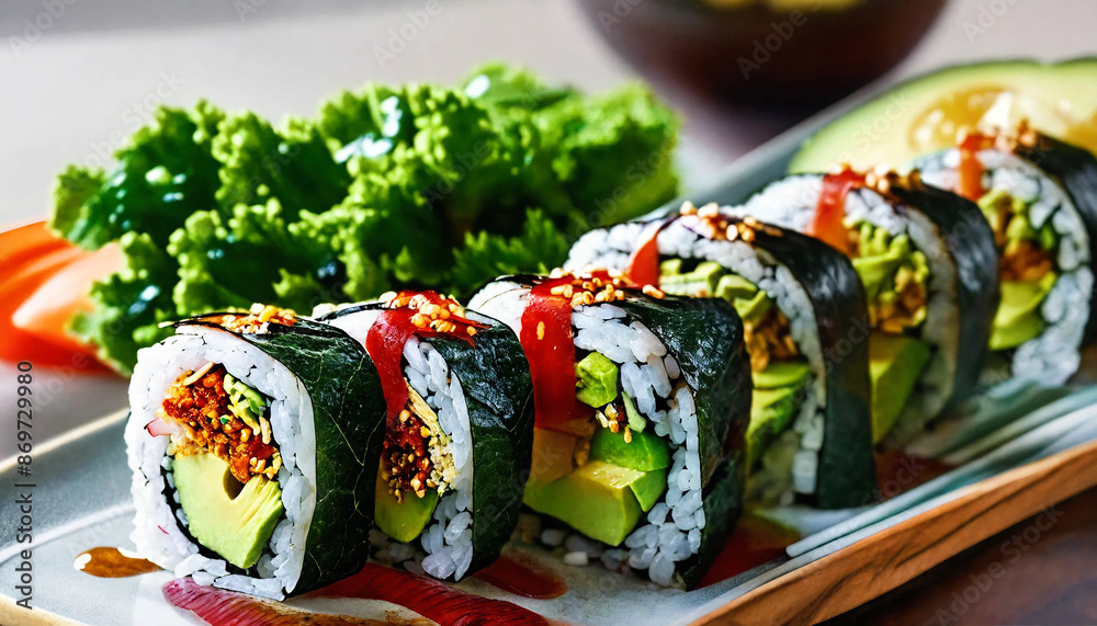 Healthy kale and avocado sushi roll, 16:9 with copyspace, 300 dpi Healthy kale and avocado sushi roll, 16:9 with copyspace, 300 dpi