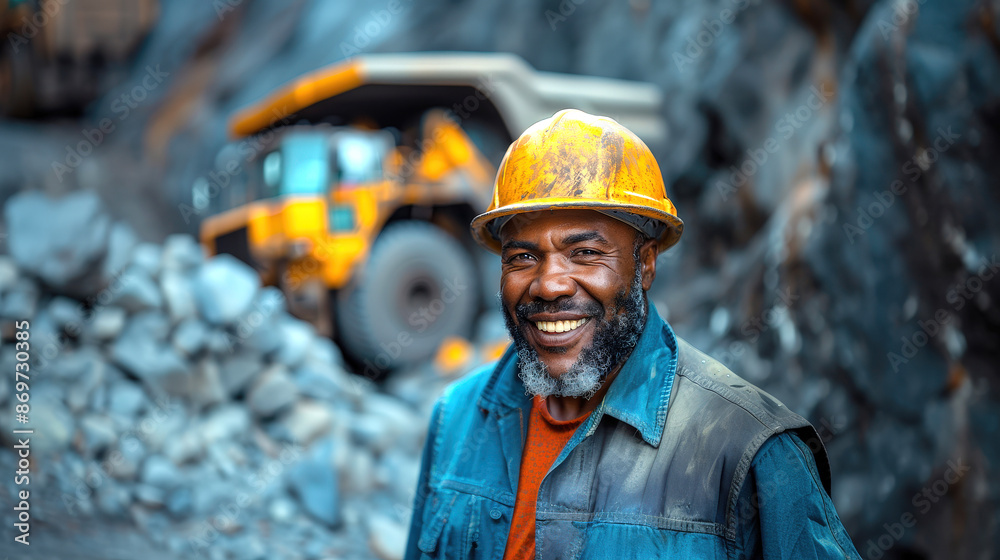 African engineer at quarry, smiling with heavy machinery African engineer at quarry, smiling with heavy machinery