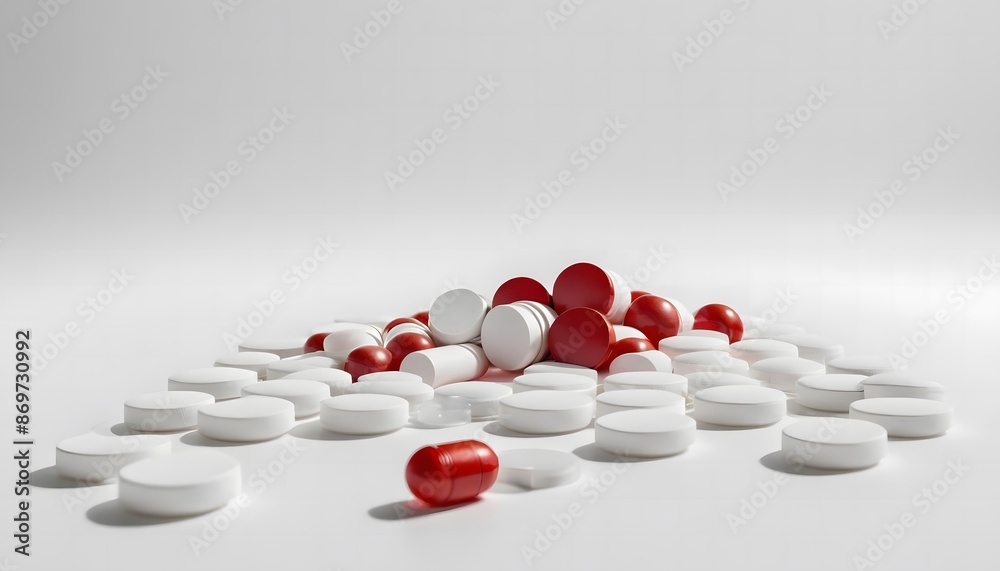 Close-Up of Mixed Red and White Pills on White Surface Close-Up of Mixed Red and White Pills on White Surface