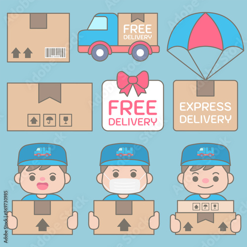 Cute delivery elements in Children Style Cartoon illustration