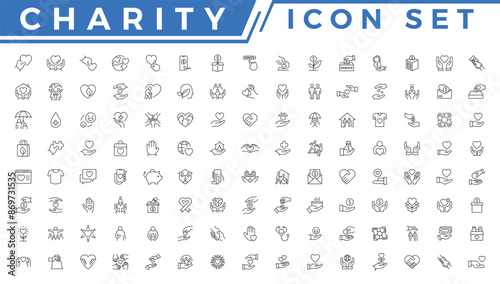Charity icon set. Collection of donate, volunteer, care icon set design