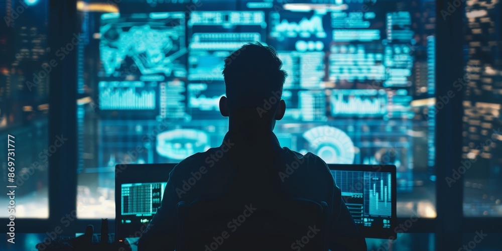A man in a dark room looking at multiple computer screens. A man in a dark room looking at multiple computer screens.