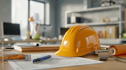 Close-up of a construction helmet on a desk with blueprints in a modern office, symbolizing architecture and engineering work.