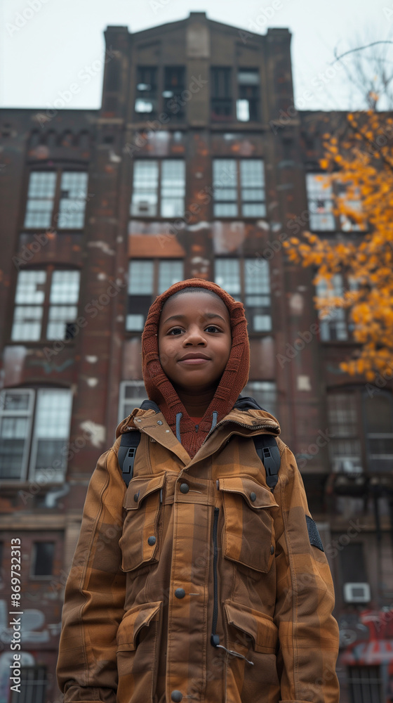 An elementary school student stands outside a boarding elementary school dormitory building and smiles for the camera,Full Length Shot(FLS),photoreal stlyle,Long Shot(LS) An elementary school student stands outside a boarding elementary school dormitory building and smiles for the camera,Full Length Shot(FLS),photoreal stlyle,Long Shot(LS)