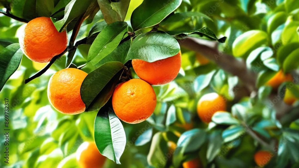 Ripe orange fruits on orange tree between lush foliage, view from below, 16:9 with copyspace, 300 dpi Ripe orange fruits on orange tree between lush foliage, view from below, 16:9 with copyspace, 300 dpi