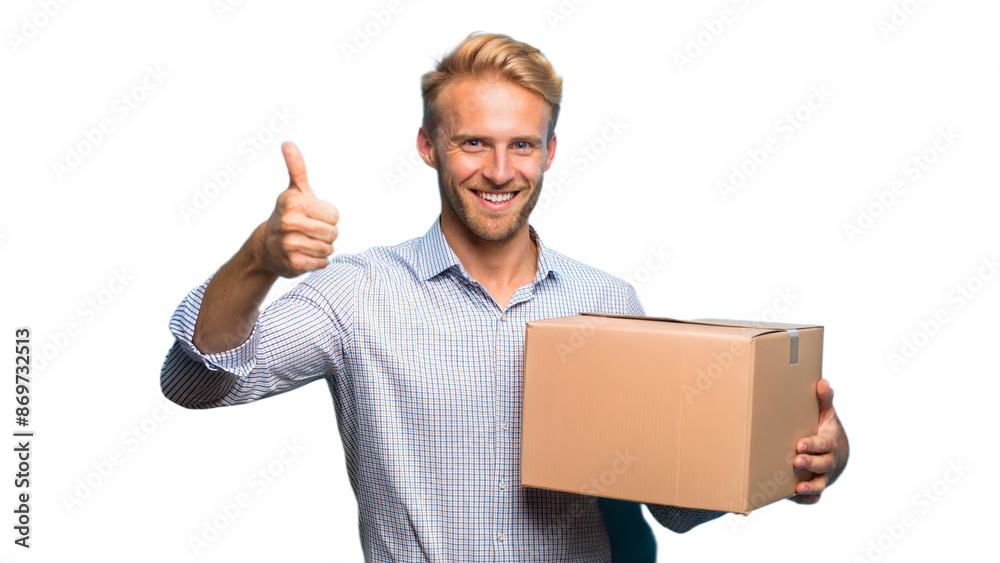 Happy Man Holding a Cardboard Box and Giving a Thumbs Up Happy Man Holding a Cardboard Box and Giving a Thumbs Up