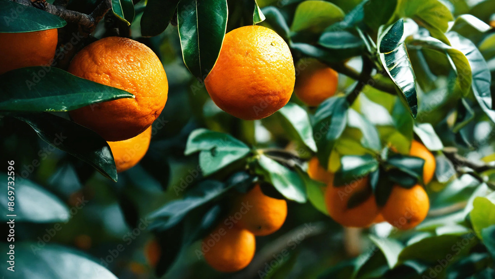 Ripe orange fruits on orange tree between lush foliage, view from below, 16:9 with copyspace, 300 dpi Ripe orange fruits on orange tree between lush foliage, view from below, 16:9 with copyspace, 300 dpi