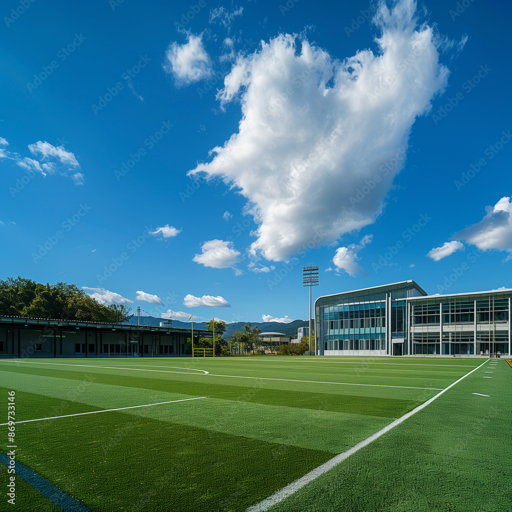 Fototapeta premium Teaching building and football field, blue sky, white clouds, head up view, close-up, better quality, 8K 