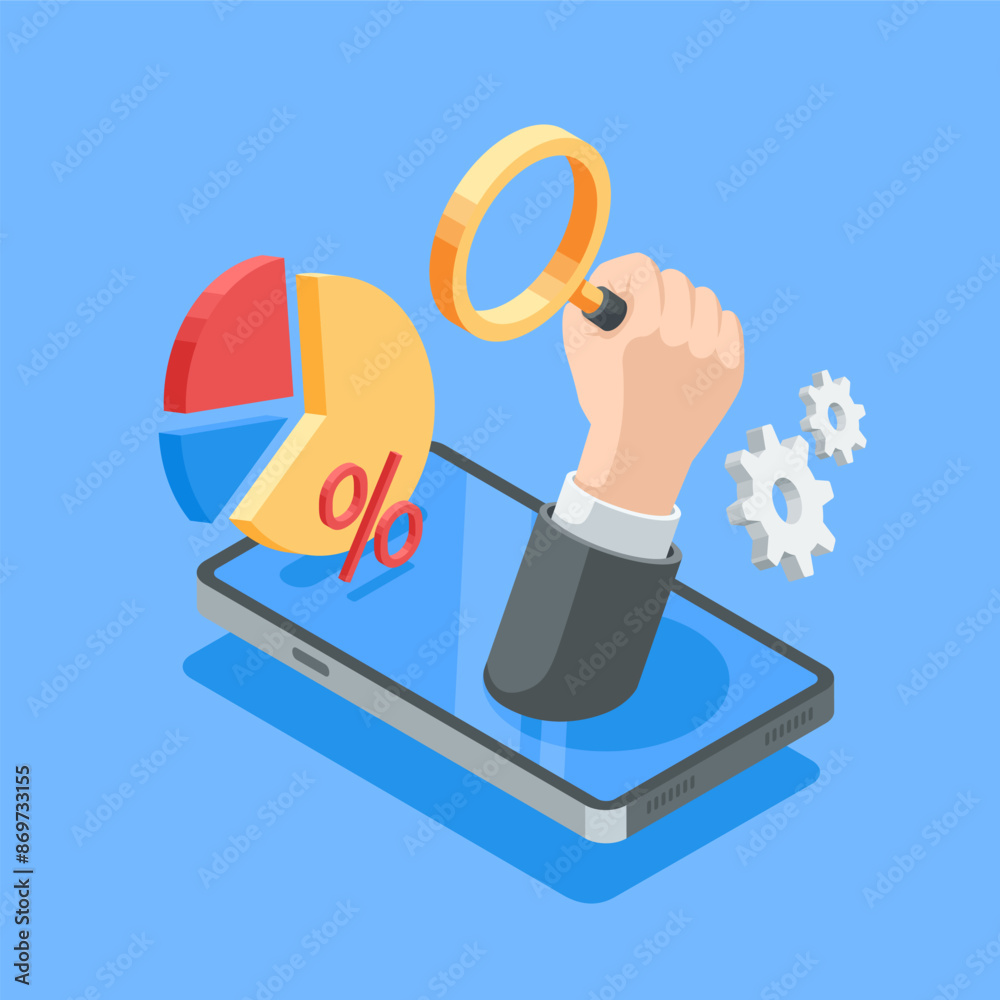 isometric vector male hand raised up holding a magnifying glass and chart on smartphone screen, in color on a blue background, analytics and verification or data search isometric vector male hand raised up holding a magnifying glass and chart on smartphone screen, in color on a blue background, analytics and verification or data search