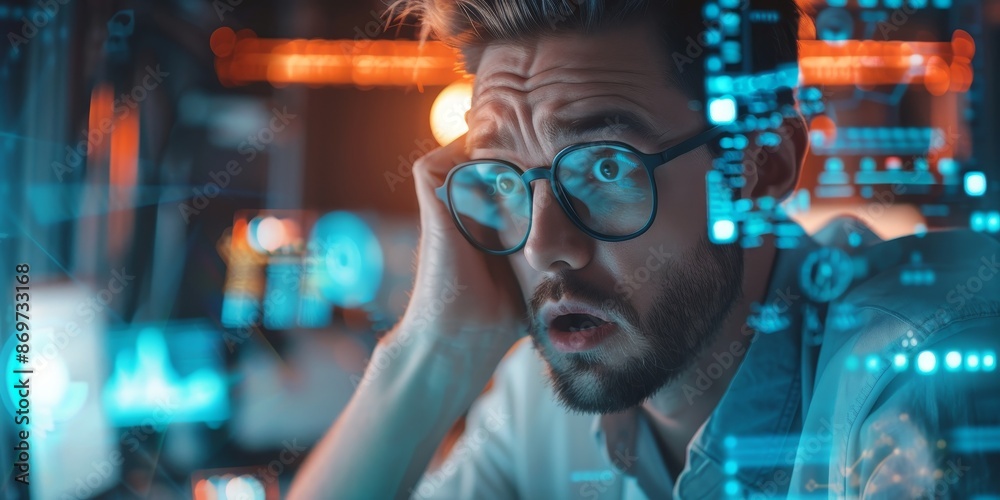 A young male programmer is stressed while working on a project. He is wearing glasses and has his hand on his head. The background is a blur of code and computer parts. A young male programmer is stressed while working on a project. He is wearing glasses and has his hand on his head. The background is a blur of code and computer parts.
