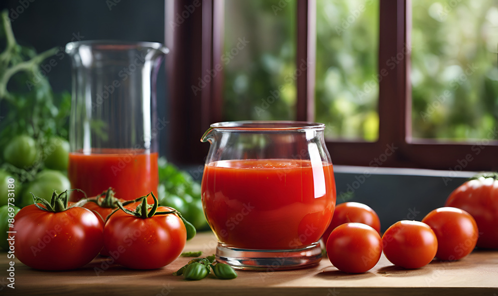 A container of tomato juice, and a few ripe tomatoes A container of tomato juice, and a few ripe tomatoes