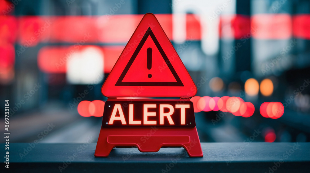 Red alert sign with exclamation sign on blurred city background with ...