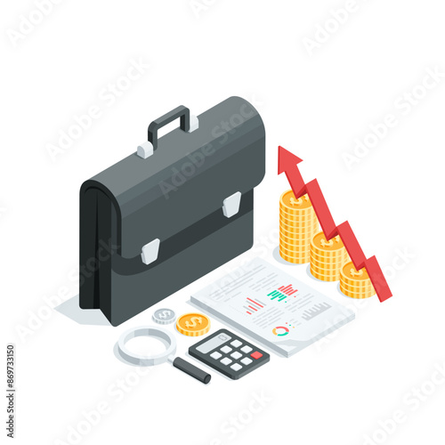 isometric vector portfolio and chart from coins with an arrow up and statistics printed on a sheet of paper, in color on a white background, business analytics and statistics