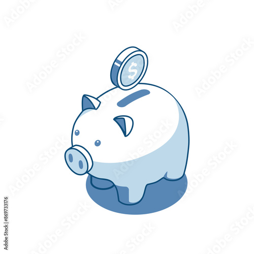 isometric vector piggy bank linear icon with a falling coin, in color on white background, bank and finance or savings