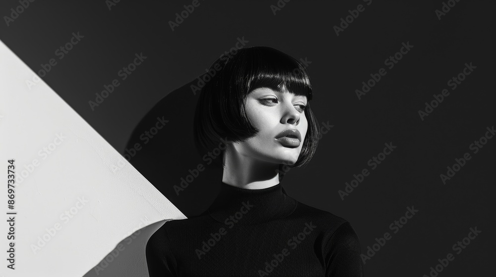 man in black clothes on a monochrome background. Black and white photo - Portrait of a beautiful young woman dressed in all black on a minimalistic background