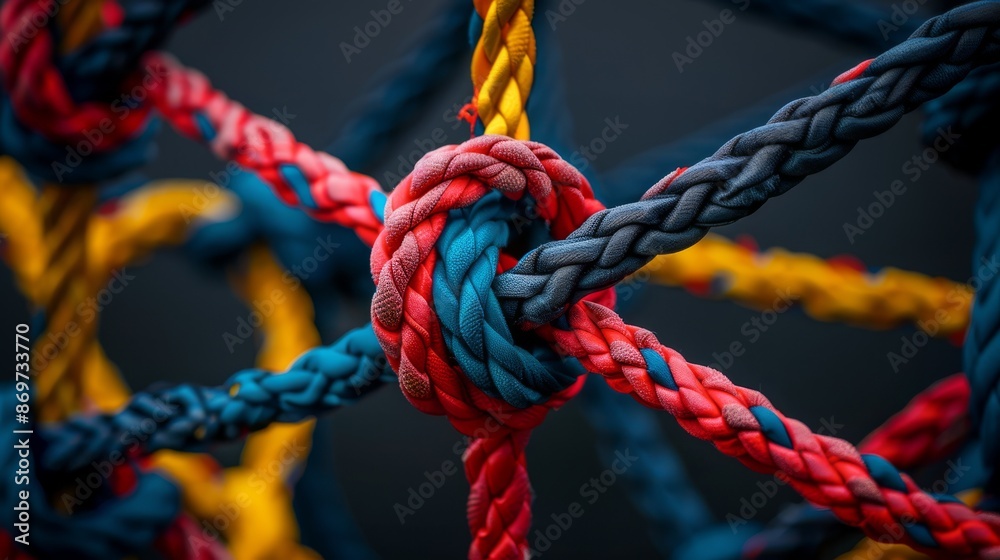 Close-up shot of vibrant ropes knotted together creating a colorful grid pattern, showcasing texture. Close-up shot of vibrant ropes knotted together creating a colorful grid pattern, showcasing texture.