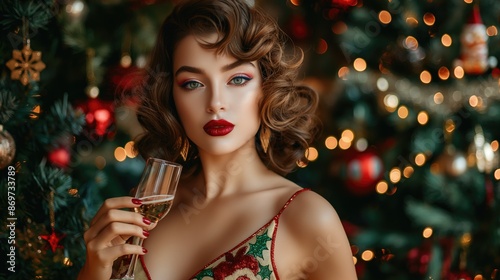 Woman in Christmas dress near the Christmas tree. Colorful makeup and retro hairstyle for Christmas or new year party. Beautiful pinup girl with Christmas pin-up makeup holding glass of champagne