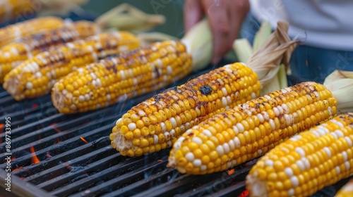 Close-up of corn on the cob grilling over hot coals, with a blurred person in the background