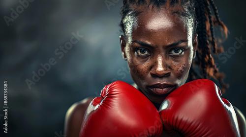 A confident young African female boxer standing against a dark background.