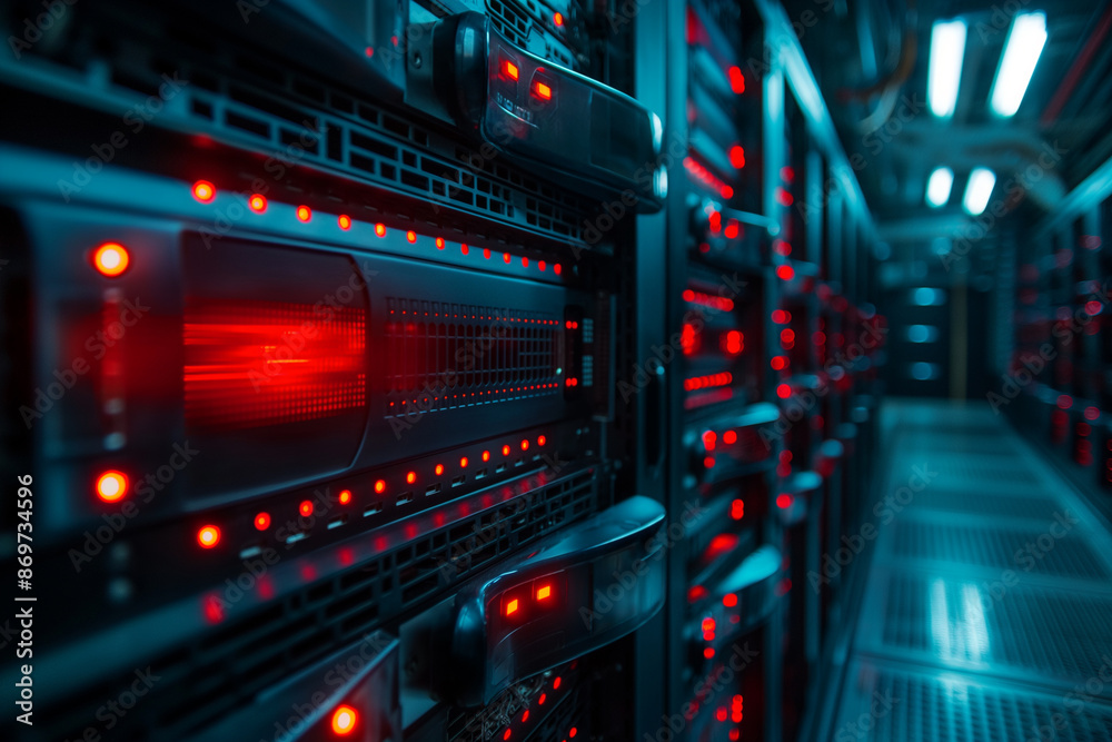 Futuristic data center with advanced network server racks glowing with LED lights, symbolizing high-speed data processing and connectivity. Futuristic data center with advanced network server racks glowing with LED lights, symbolizing high-speed data processing and connectivity.