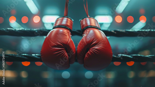 A pair of red boxing gloves hang in a boxing ring with dramatic lighting. Shallow field of view photo