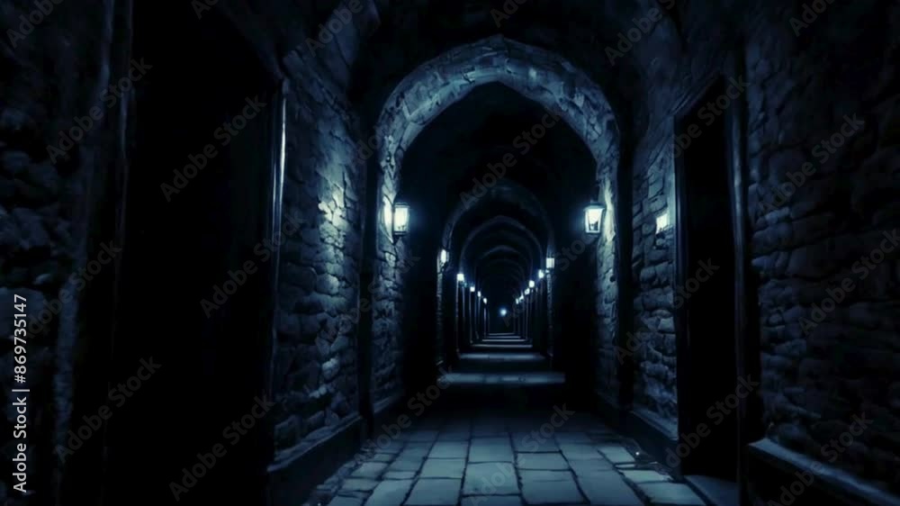 scary Castle with a Spooky Atmosphere on Halloween Night. Haunted Castle with an Endless Stone Corridor Lit by Candlelight at dark night. light at the end of Halloween tunnel