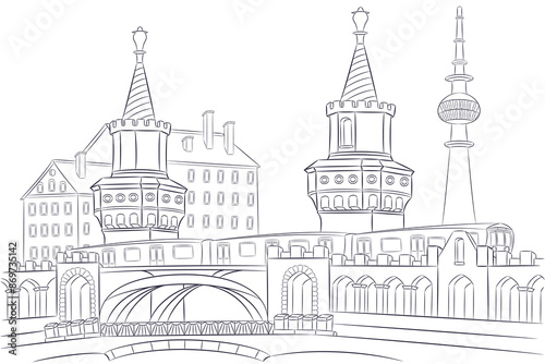 Vector drawing of the old brick Oberbaum Bridge in Berlin isolated on a white background.