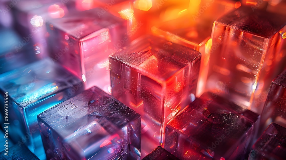 Transparent Glass Cubes with Rainbow Gradient, Refraction, and Holographic Effect on Black Background Transparent Glass Cubes with Rainbow Gradient, Refraction, and Holographic Effect on Black Background