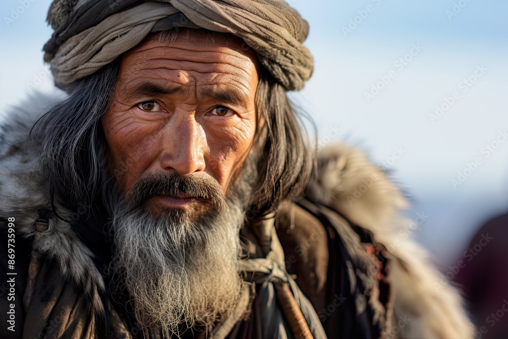 Portrait of a rugged elderly man with long hair and a white beard, wearing a headscarf and fur-lined coat. He stands outdoors with a clear blue sky background, exuding wisdom and experience Portrait of a rugged elderly man with long hair and a white beard, wearing a headscarf and fur-lined coat. He stands outdoors with a clear blue sky background, exuding wisdom and experience