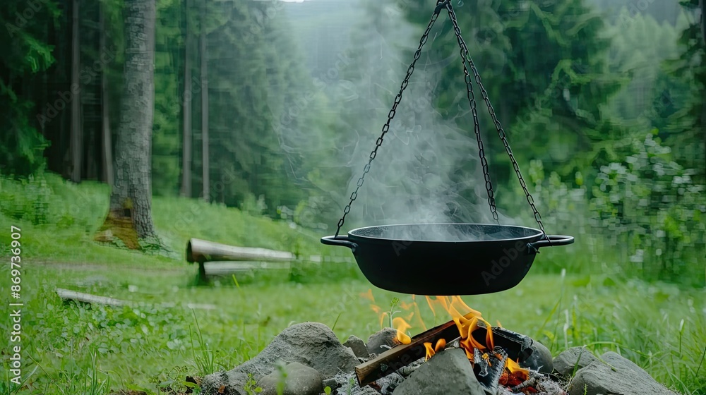 A pot of water boils over glowing embers of a campfire, steam rising into the air A pot of water boils over glowing embers of a campfire, steam rising into the air
